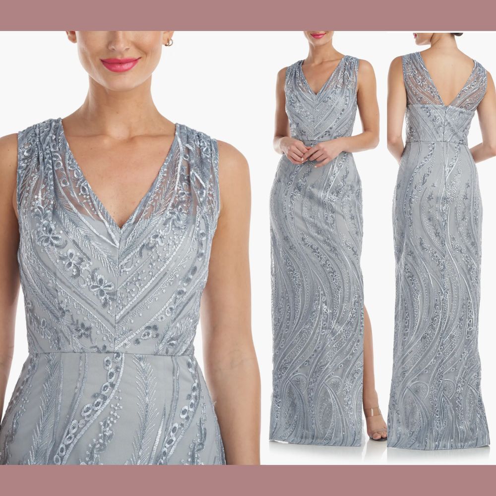NEW $278 JS Collections [ 18 ] Rosalynn Embroidered V-Neck‎ Column Gown S1326